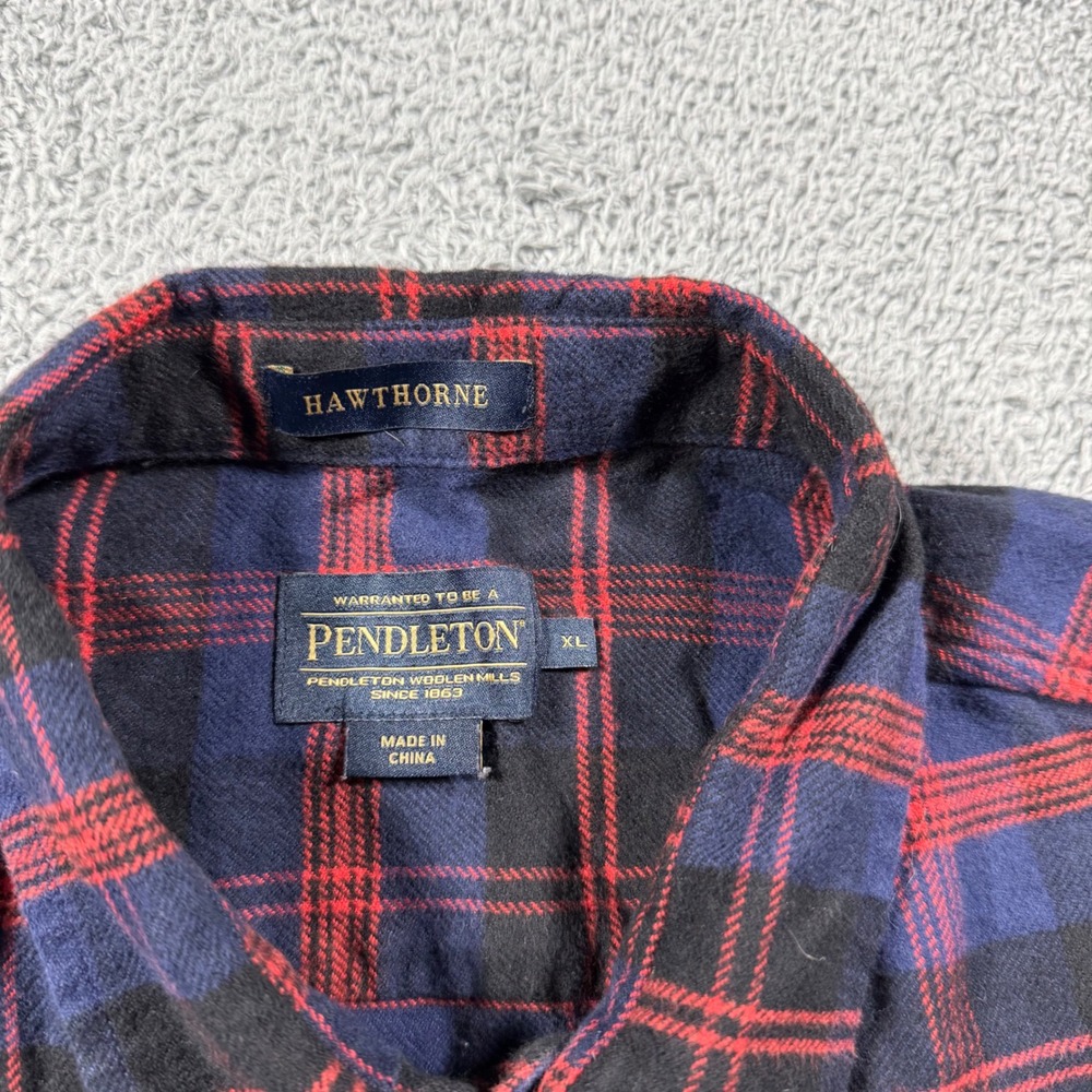 Pendleton Flannel Shirt Mens XL Blue Red Plaid Hawthorne Elbow Patches Pockets - Picture 3 of 6